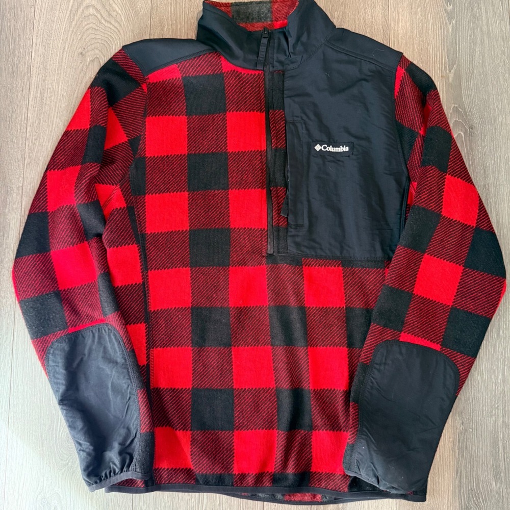 Columbia Men's Buffalo Plaid Fleece Quarter Zip Pullover Black Red Size M - Picture 1 of 7